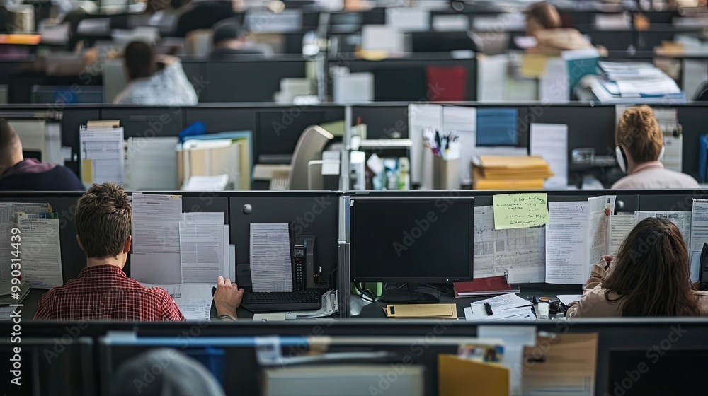 Poster a row of cubicles in an office with workers focused on tasks