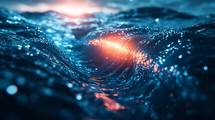 futuristic high-tech submarine fiber optic cable displayed in vibrant detail, symbolizing global connectivity, technological advancements, and the seamless transmission of information across vast ocea