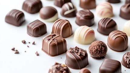 A group of chocolate candies on a plain white surface.