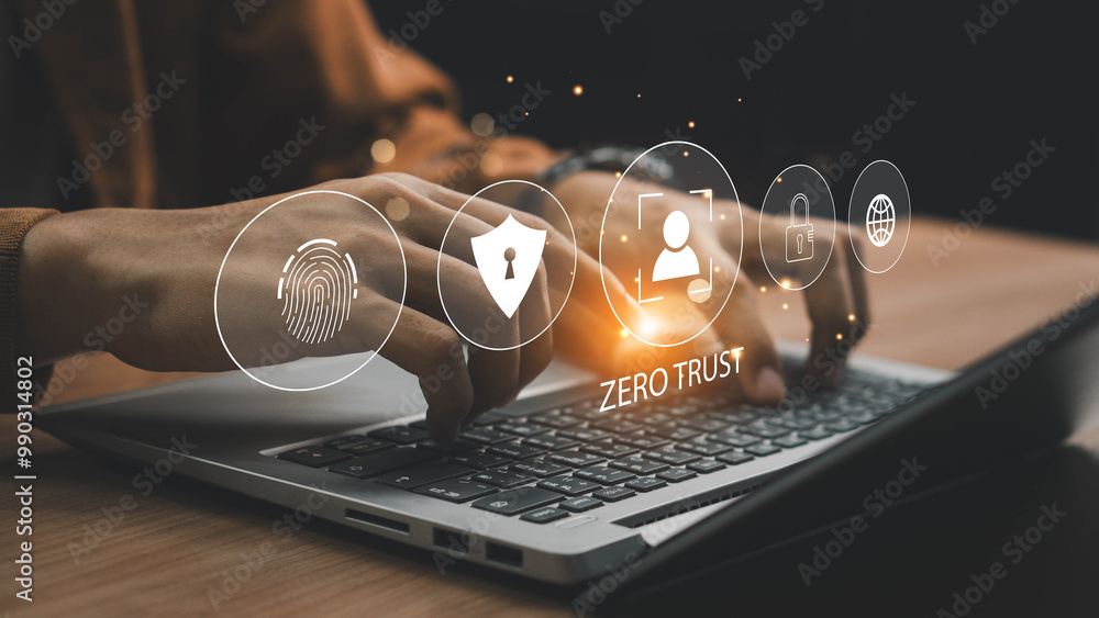 Wall mural Zero trust security concept, Businessman using laptop with zero trust icons on virtual for business information security network. Ai technology