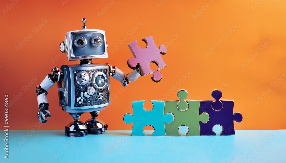 Poster a playful robot holds a puzzle piece, surrounded by colorful puzzle pieces on a bright background, s