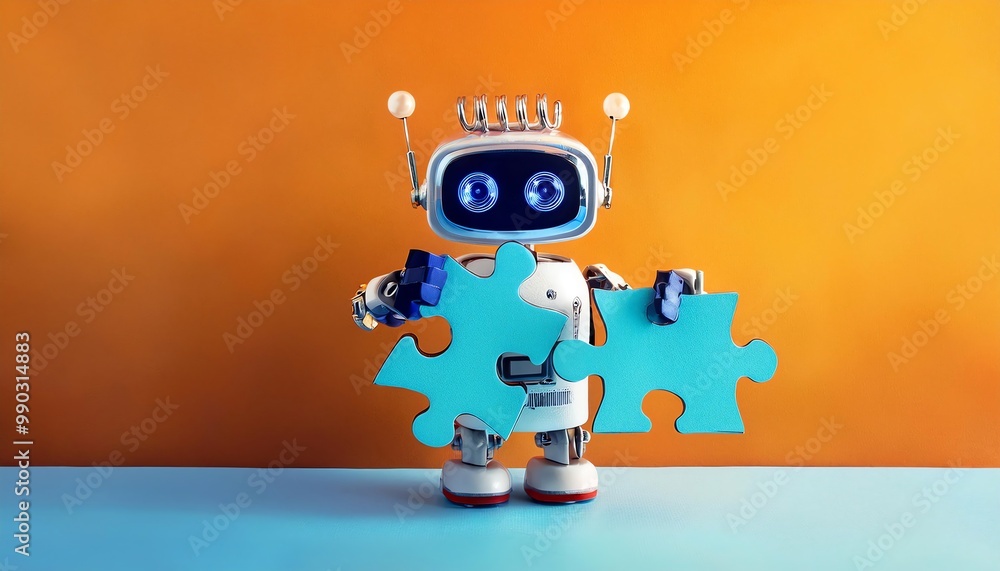 Poster a cheerful robot holds two puzzle pieces against a vibrant orange backdrop, symbolizing problem-solv