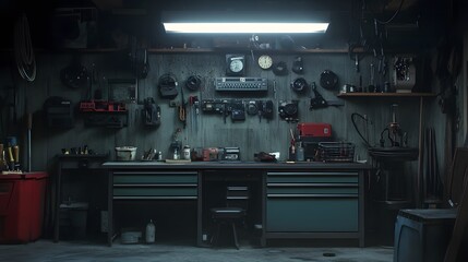 A dimly lit workshop with a workbench and various tools and equipment.