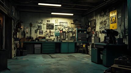 A dimly lit cluttered workshop with a workbench and tools.