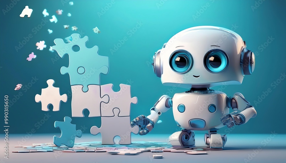 Poster a cute robot assembling puzzle pieces with a cheerful expression, surrounded by scattered pieces aga