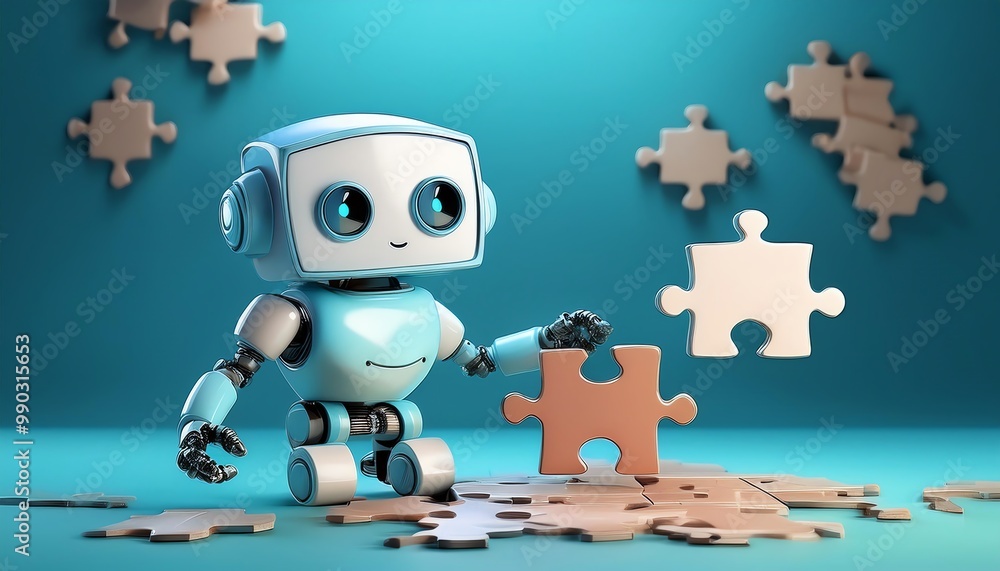 Poster a cute robot is assembling a puzzle against a colorful background, showcasing creativity and technol