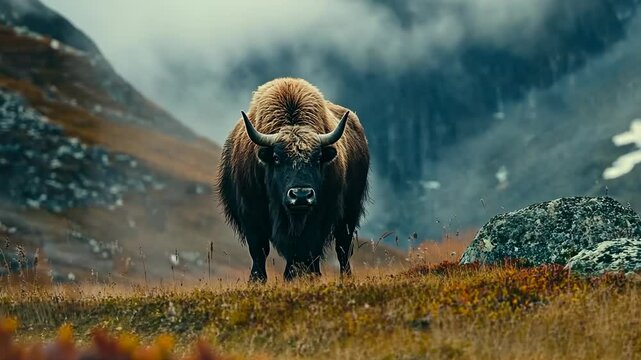 A yak stands on a grassy hillside in front of a foggy mountain