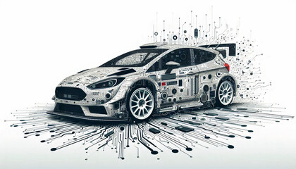 A stylized race car constructed from digital circuits, representing the intersection of technology and automotive engineering
