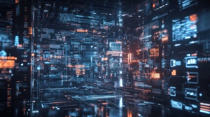 Technology industrial business process workflow organisation structure on virtual screen, IOT smart industry concept mixed media diagram, touch transparent screen. Generative AI technology.