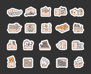Cute cat in a box. Sticker Bookmark. Funny cartoon character poses. Hand drawn style. Vector drawing. Collection of design elements.