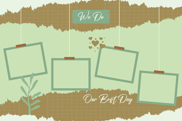Vintage collage photo frame mockup, wall art, home decor, artwork display with torn edge paper, border pattern and modern photo book background.