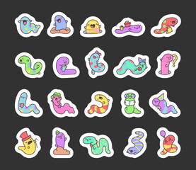Kawaii worm with arms. Sticker Bookmark. Funny cartoon character. Hand drawn style. Vector drawing. Collection of design elements.