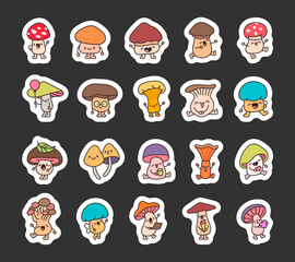 Cute kawaii mushroom. Sticker Bookmark. Adorable cartoon character. Hand drawn style. Vector drawing. Collection of design elements.