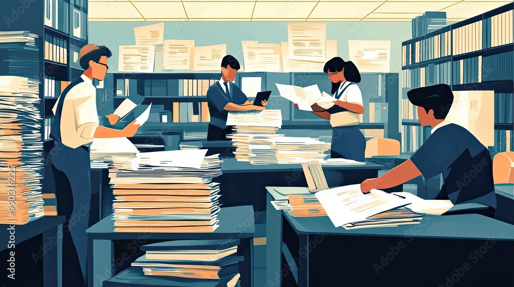 Poster office workers sorting through stacks of documents