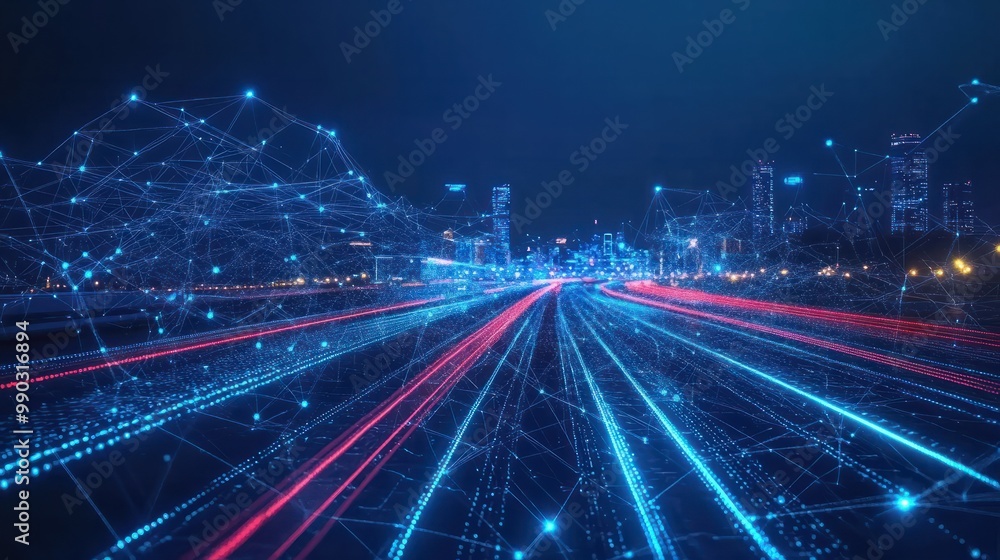 Poster traffic in the city, business graph waves and technology graph, abstract blue technology background 
