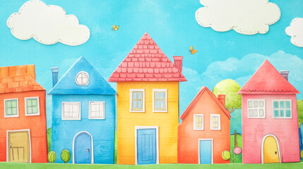 Colorful papercraft houses forming a neighborhood under blue sky