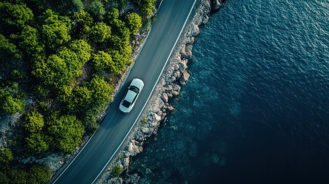 Top down view of an electric car driving on a road surrounded by the sea. Aerial photography created with Generative AI