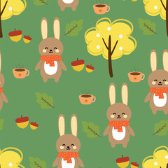 Obraz premium Seamless pattern cartoon rabbit with autumn vibes. cute autumn fall wallpaper for fabric print, gift wrap paper