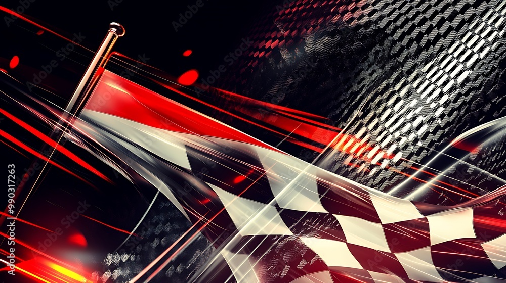 Fototapete A checkered racing flag waving against a black background with red and white lines and abstract design elements.