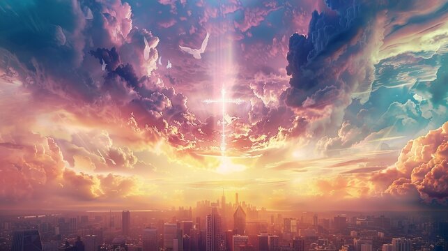 Heavenly vision  angels descending with divine light over a city bathed in god s presence