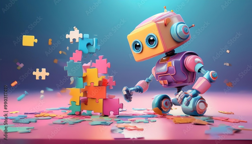 Aufkleber a playful robot is assembling colorful puzzle pieces on a vibrant surface, showcasing creativity and