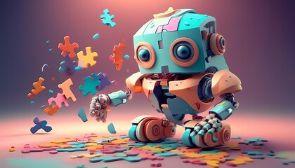 Fototapeta premium A colorful robot assembling puzzle pieces, showcasing creativity and playfulness in a whimsical setting, with scattered puzzle pieces around.