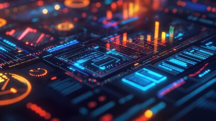 vibrant display of financial data analytics, with various types of graphs and numerical data overlaid on a digital interface or motherboard