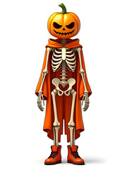 Human Skeleton with Pumpkin Face in Orange Halloween Costume and Shoes on White Background with Rich Colors