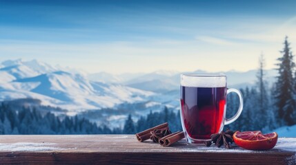 A steaming glass of mulled red wine, garnished with cinnamon and star anise, sits on a snowy wooden railing with a picturesque mountain backdrop.