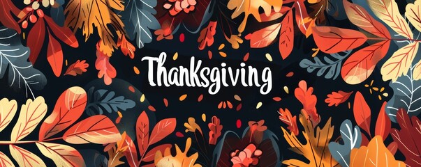 Autumn leaves frame,  minimalistic seasonal illustration with Thanksgiving text. Template for promotional poster or banner