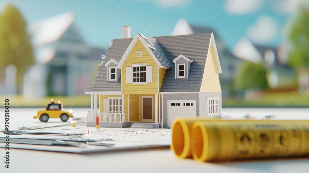 Poster a detailed house model on blueprints with yellow construction tools, representing home design and ar