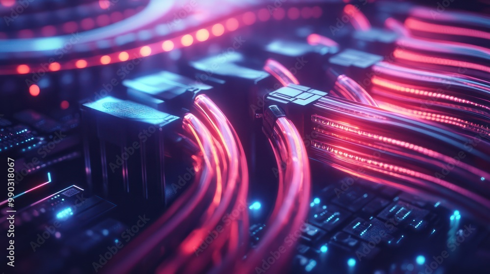 Poster web banner of glowing data cables transferring information. inside computer. server
