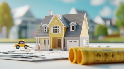 A detailed house model on blueprints with yellow construction tools, representing home design and architecture.