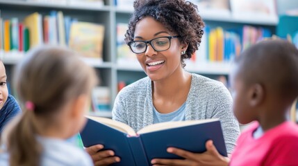 A volunteer engages children in a cozy library while reading an enchanting storybook