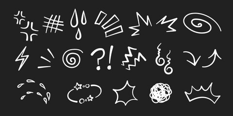 Manga or anime comic emoticon element graphic effects hand drawn doodle vector illustration set isolated on black background. Line style manga doodle line expression scribble anime mark collection.