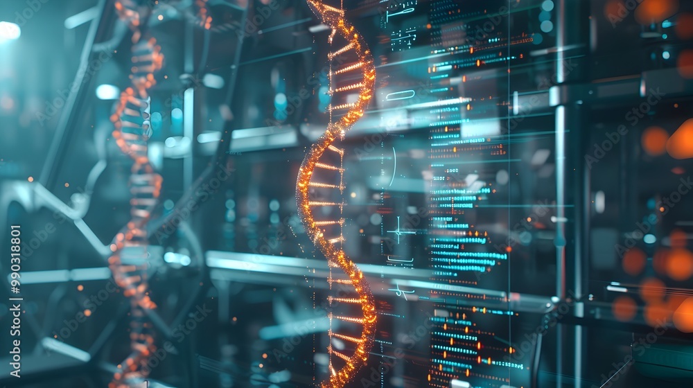 Aufkleber synthetic dna assembly in futuristic biotech lab with holographic interfaces showcasing genetic code