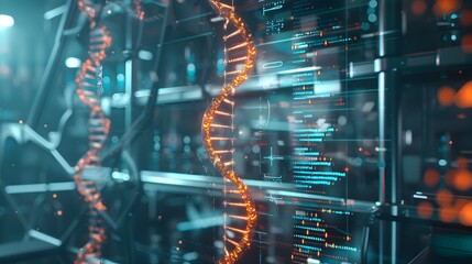 Synthetic DNA Assembly in Futuristic Biotech Lab with Holographic Interfaces Showcasing Genetic Code