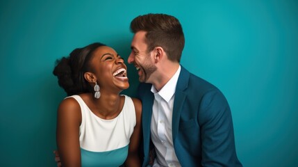 A lively couple shares an infectious laugh against a bright teal backdrop, capturing pure joy and companionship in a vibrant, colorful moment.