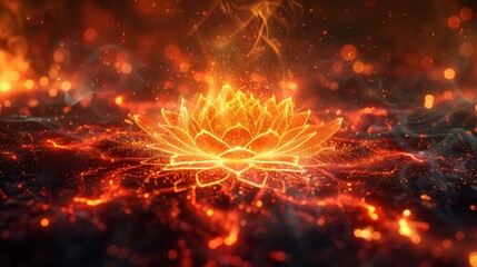 Fire kaleidoscope. Glowing mandala. Burning fractal. Red orange golden color hot flame sparks circle symmetrical design on dark black abstract illustration background. 