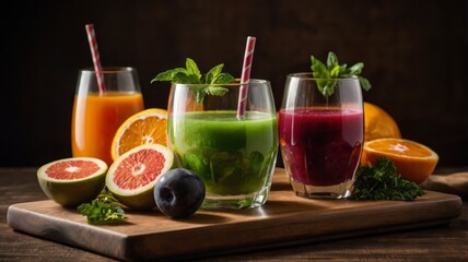 Fototapeta premium Fresh juice in glass on cutting board