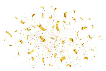 Gold Isolated Falling Foil Confetti with Glitter Dust. Golden Festive Background. Greeting Design...