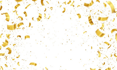 Gold Isolated Falling Foil Confetti with Glitter Dust. Golden Festive Background. Greeting Design...