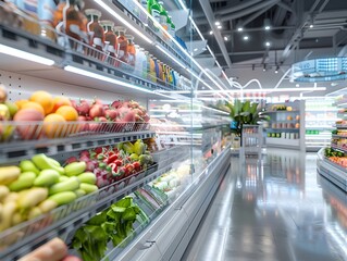 Bioengineered Foods in a Futuristic Grocery Store Showcasing Enhanced Nutrition and Synthetic Biology Innovations