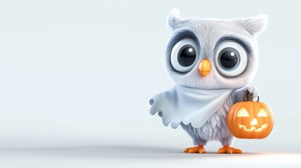 Fototapeta premium Cute Cartoon Owl in Halloween Costume with Pumpkin