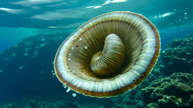 A large marine organism rests on the seabed, its intricate shell open to reveal a smooth interior. The clear blue water provides visibility of the ocean environment