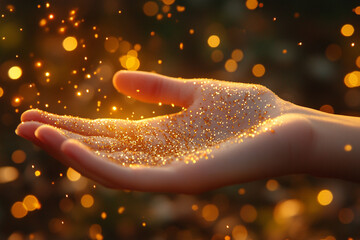 open hand reaches towards radiant golden sunlight, symbolizing hope, aspiration, and a connection to higher powers. The glowing light conveys warmth, spiritual growth, and endless possibilities