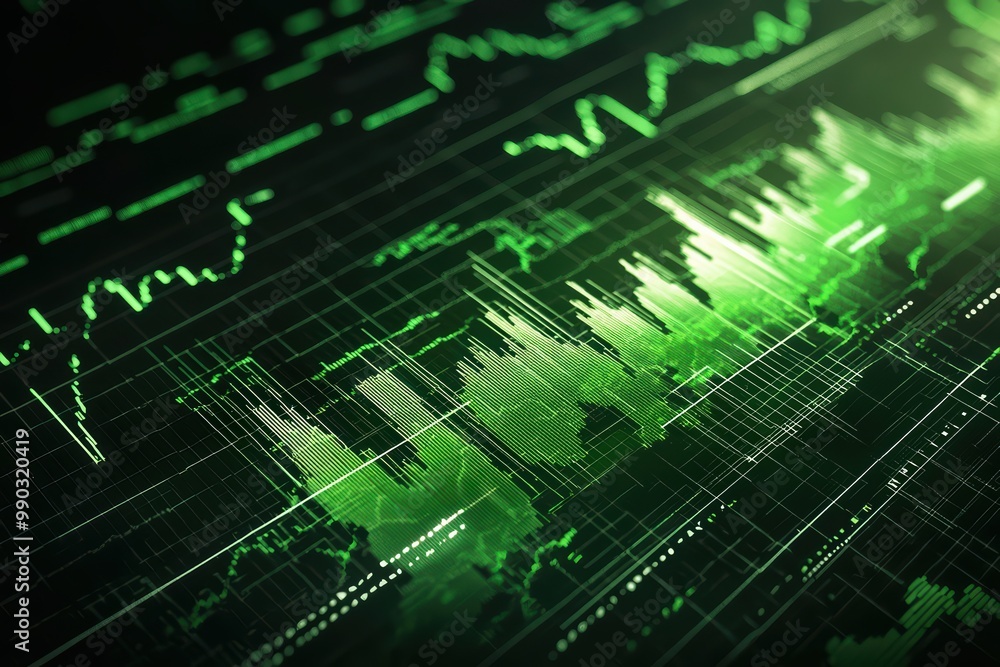 Poster abstract digital financial chart with green data visualization on a dark background.