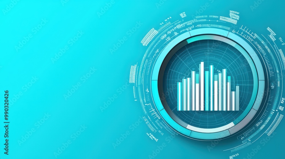Poster abstract digital graph with circular elements on a turquoise backdrop, symbolizing data analysis and