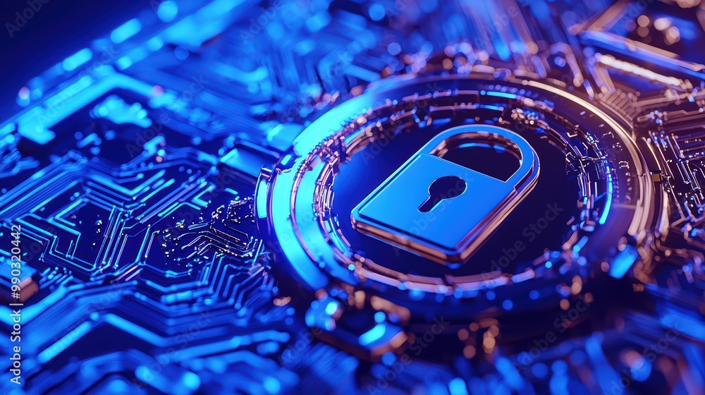 Aufkleber abstract digital security concept with a glowing lock on a circuit board.