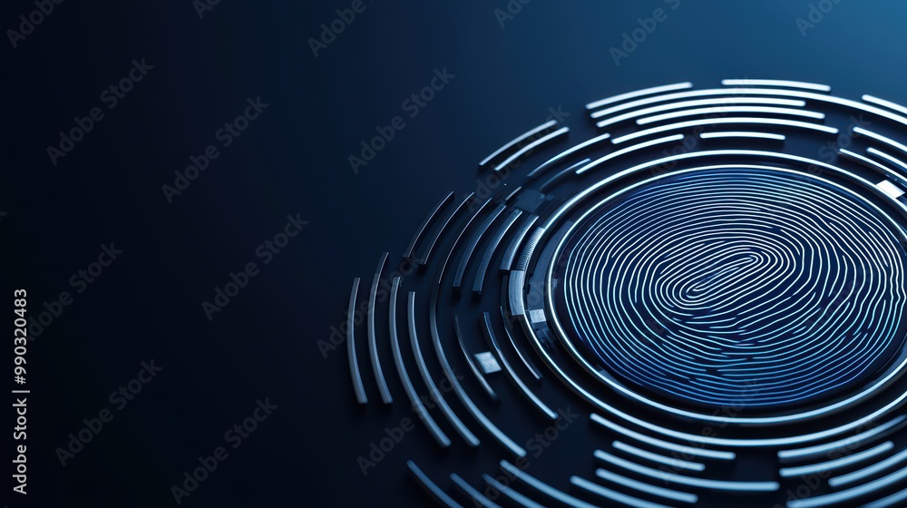 Poster abstract fingerprint design with circular lines on a dark background.